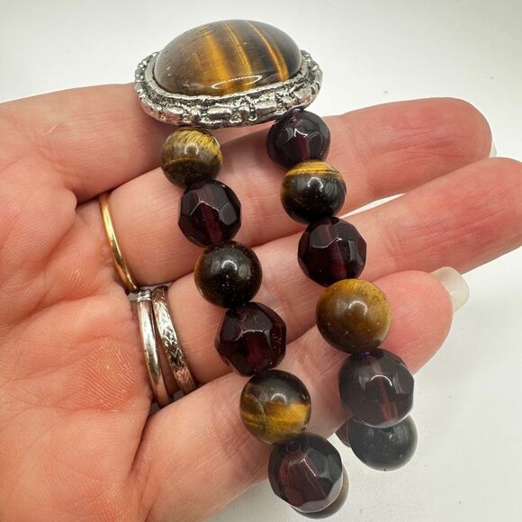 Stunning tigers eye and possible faceted garnet beaded stretchy bracelet! - Picture 4 of 12